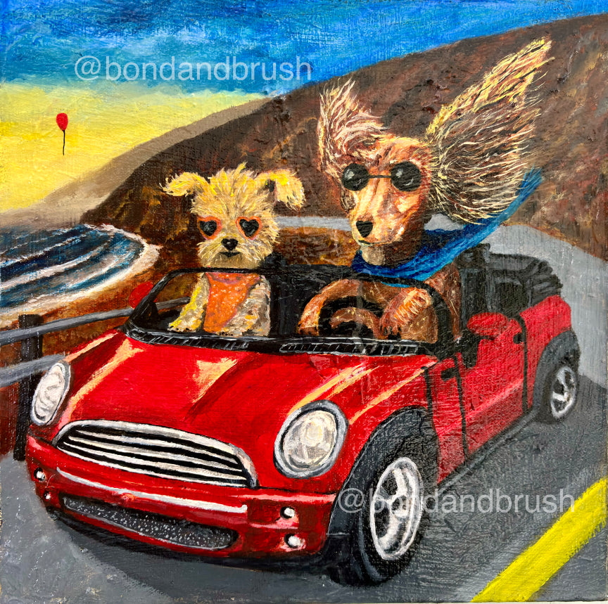 Furry Road Trip - Original 12x12 Oil Painting | Dachshund & Yorkshire Terrier Art